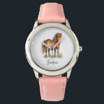 Cute Whimsical Brown Pony Horse Script Name Watch<br><div class="desc">Cute kids watch with a watercolor drawing of a cute brown horse and custom name in whimsical script.</div>