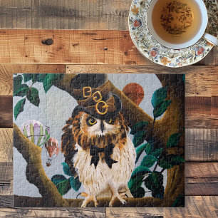 Cute Whimsical Brown Steampunk Owl Top Hat Jigsaw Puzzle