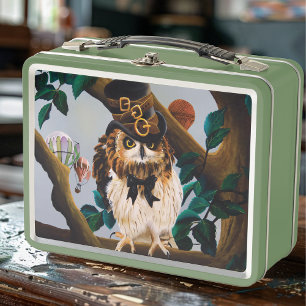 Cute Whimsical Brown Steampunk Owl Top Hat Metal Lunch Box