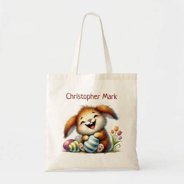 Cute Whimsical Bunny Rabbit Easter Egg Hunt Tote Bag (Front)