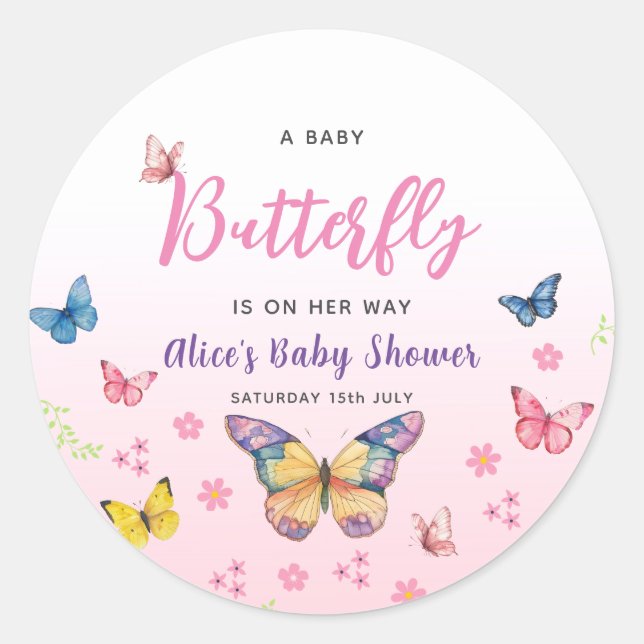 Cute Whimsical Butterfly Girls Pink Baby Shower Classic Round Sticker (Front)