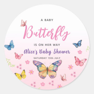 Cute Whimsical Butterfly Girls Pink Baby Shower Classic Round Sticker