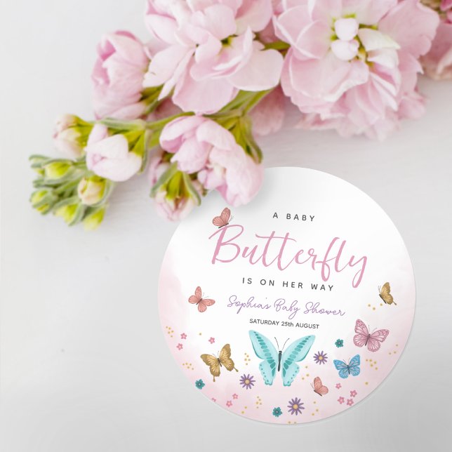 Cute Whimsical Butterfly Girls Pink Baby Shower Classic Round Sticker (Creator Uploaded)