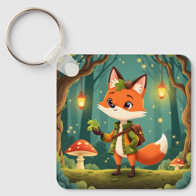 Cute Whimsical Cartoon Fox Key Ring (Front)