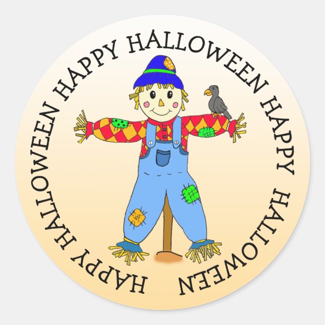 Cute Whimsical Cartoon Halloween Scarecrow Classic Round Sticker (Front)