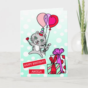 Cute Whimsical Cat and Balloons Birthday Card