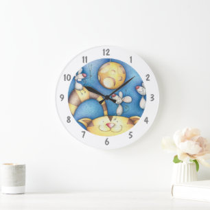 Cute Whimsical Cat and Mouse Moon Art Large Clock