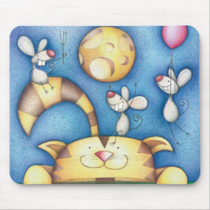 Cute Whimsical Cat and Mouse Moon Art Mat