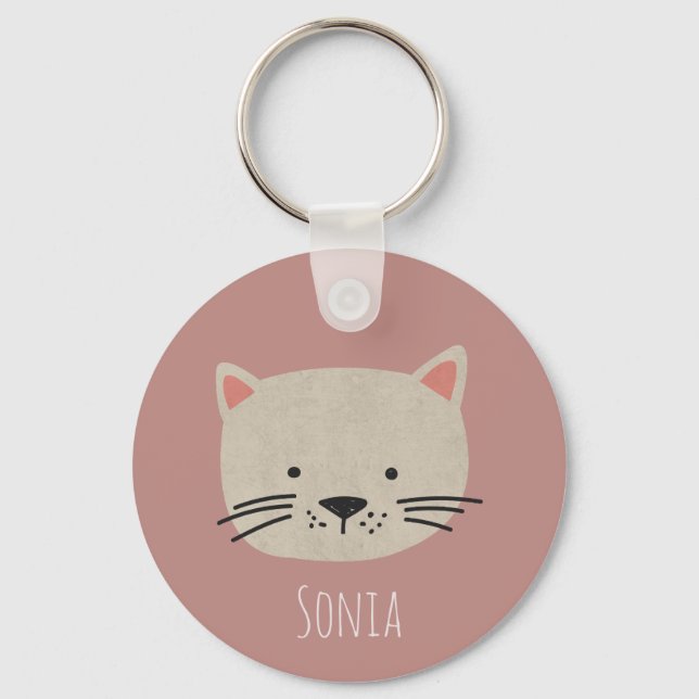 Cute Whimsical Cat Face Key Ring (Front)