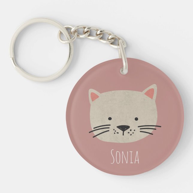 Cute Whimsical Cat Face Key Ring (Front)
