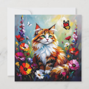 Cute Whimsical  Cat, Flowers and Butterflies Card