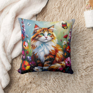 Cute Whimsical  Cat, Flowers and Butterflies Cushion