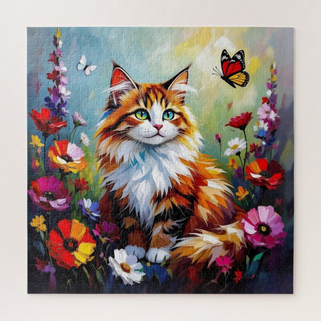Cute Whimsical  Cat, Flowers and Butterflies Jigsaw Puzzle (Vertical)