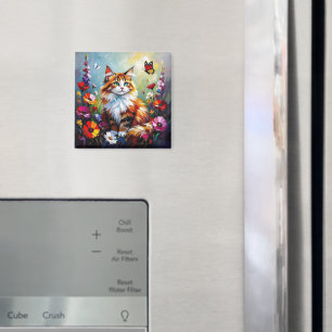 Cute Whimsical  Cat, Flowers and Butterflies Magnet