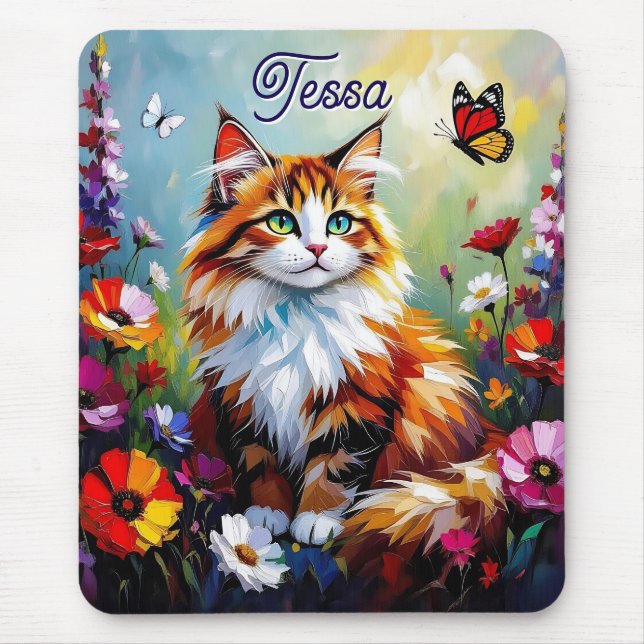 Cute Whimsical  Cat, Flowers and Butterflies Mouse Mat (Front)
