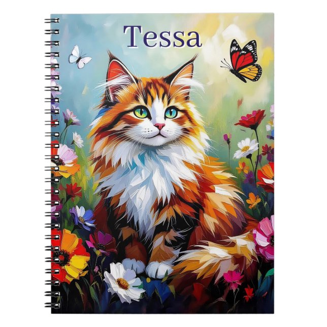 Cute Whimsical  Cat, Flowers and Butterflies Notebook (Front)
