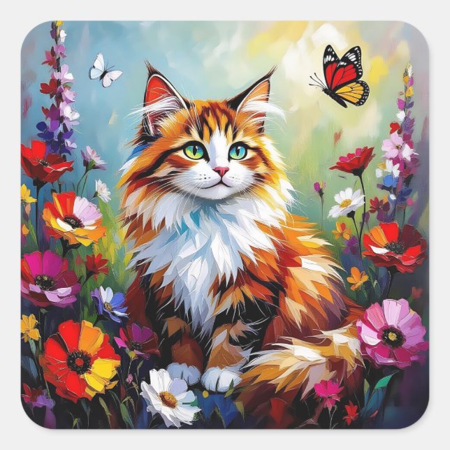 Cute Whimsical  Cat, Flowers and Butterflies Square Sticker (Front)