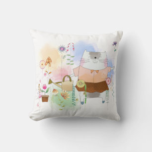 Cute Whimsical Cat Gardening Flowers Summer Cushion