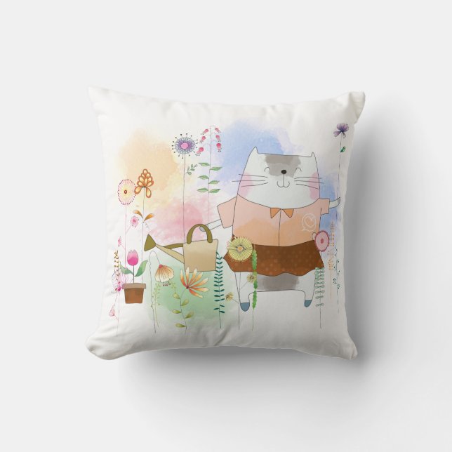 Cute Whimsical Cat Gardening Flowers Summer Cushion (Front)
