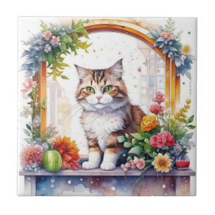 Cute Whimsical Cat in Window of Flowers   Tile