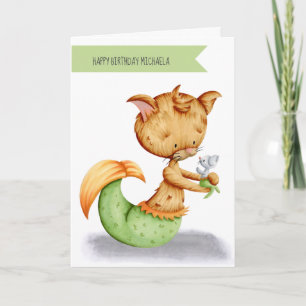 Cute Whimsical Cat Mouse Mermaid Birthday Card