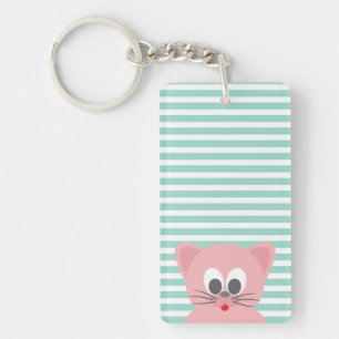 Cute Whimsical Cat on Stripes Key Ring