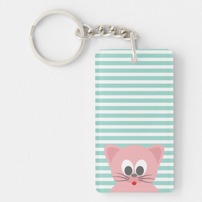 Cute Whimsical  Cat on Stripes Key Ring (Front)