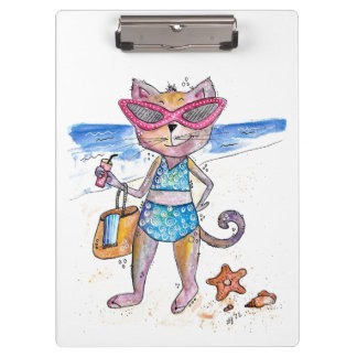 Cute Whimsical Cat on the Beach Clipboard