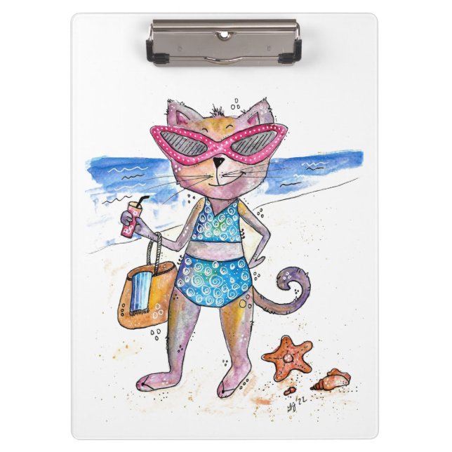 Cute Whimsical Cat on the Beach Clipboard (Front)
