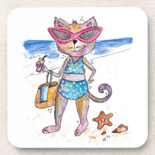 Cute Whimsical Cat on the Beach Coaster