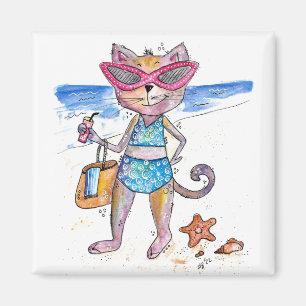 Cute Whimsical Cat on the Beach Magnet