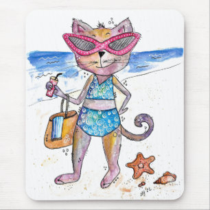 Cute Whimsical Cat on the Beach Mouse Mat