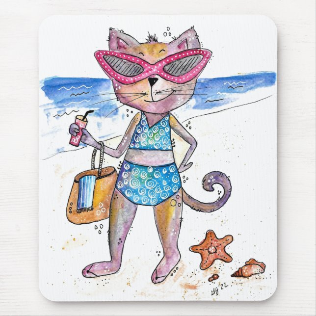 Cute Whimsical Cat on the Beach Mouse Mat (Front)