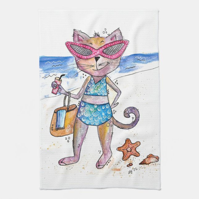 Cute Whimsical Cat on the Beach Tea Towel (Vertical)