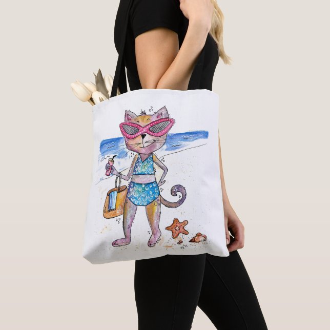 Cute Whimsical Cat on the Beach Tote Bag (Close Up)