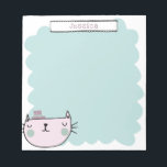 Cute Whimsical Cat Pastel Teal Lilac Custom Name Notepad<br><div class="desc">This cute notepad features a whimsical cat illustration in pastel pink and teal blue. Personalise it with your name. Great gift idea!</div>
