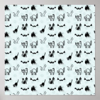 Cute Whimsical Cat Pattern Black White Pale Blue