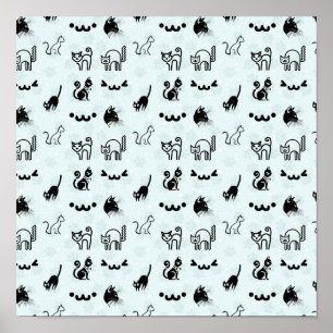 Cute Whimsical Cat Pattern Black White Pale Blue Poster