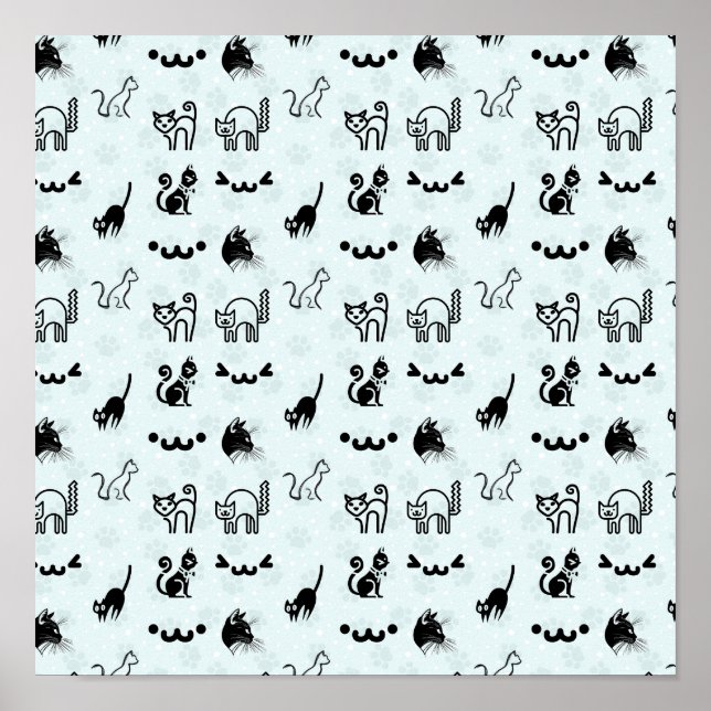 Cute Whimsical Cat Pattern Black White Pale Blue Poster (Front)