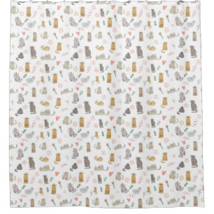 Cute Whimsical Cat Pattern Illustration Shower Curtain