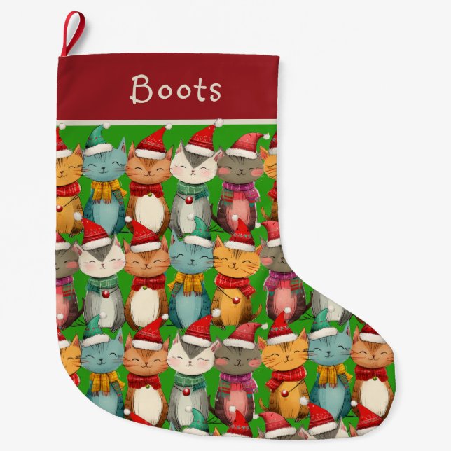 Cute Whimsical Cat Pattern Pet Large Christmas Stocking (Front)