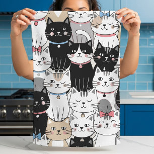 Cute Whimsical Cat Pattern Tea Towel