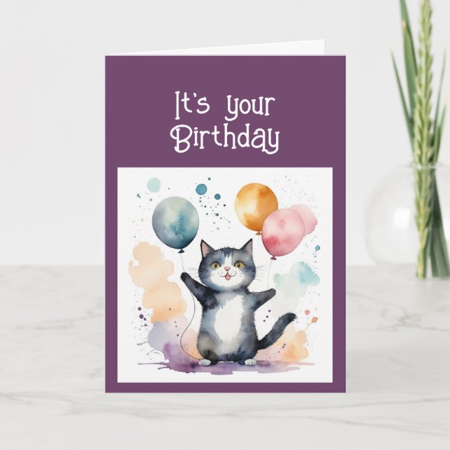Cute Whimsical Cat Playing Balloons Birthday Fun Holiday Card (Front)