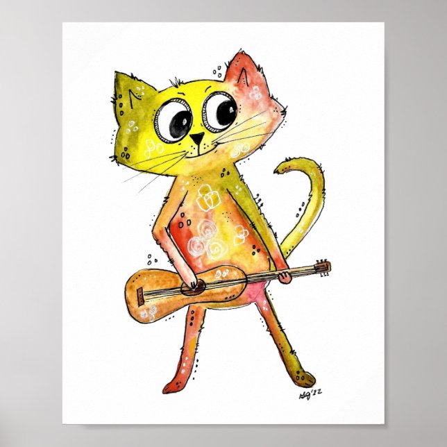 Cute Whimsical Cat Playing Guitar Poster (Front)