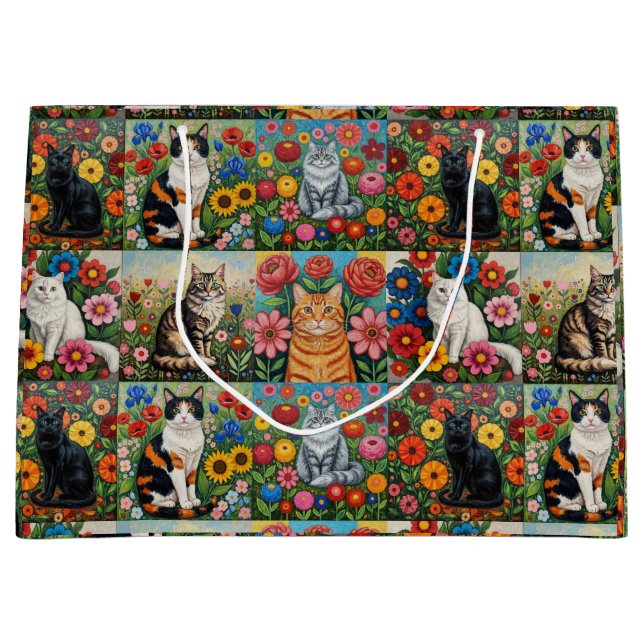 Cute Whimsical Cats and Folk Art Flowers Large Gift Bag (Front)