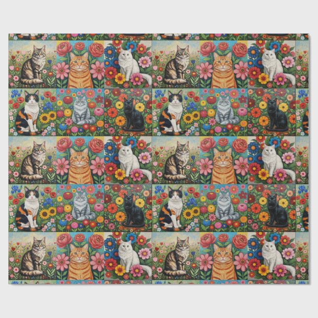 Cute Whimsical Cats and Folk Art Flowers Wrapping Paper (Flat)