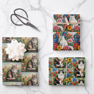 Cute Whimsical Cats and Folk Art Flowers Wrapping Paper Sheet
