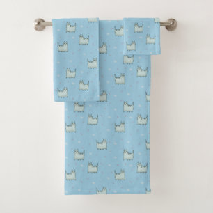 Cute Whimsical Cats Pattern in Powder Blue Bath Towel Set