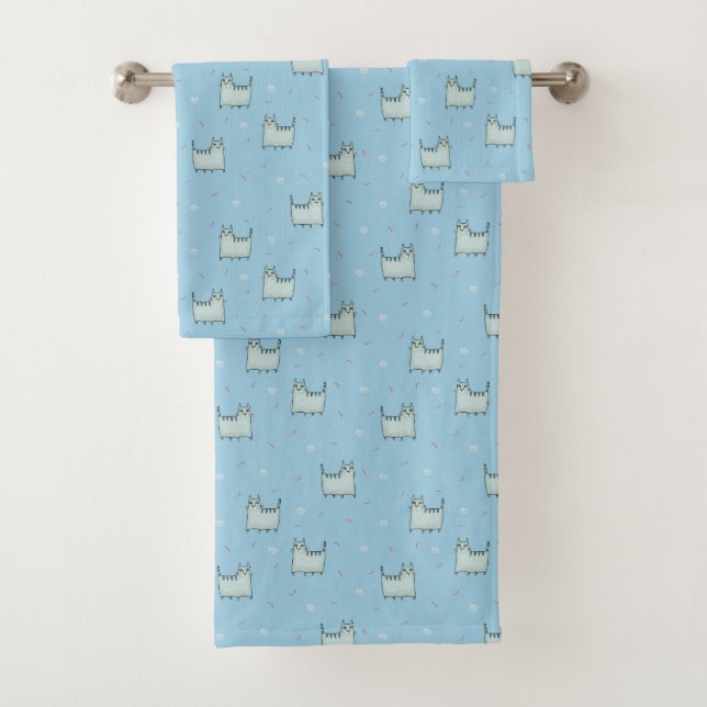 Cute Whimsical Cats Pattern in Powder Blue Bath Towel Set (Insitu)