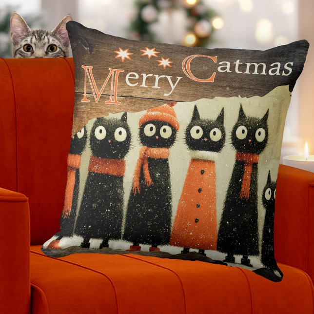 Cute Whimsical Cats Rustic Christmas Cushion (Christmas pillow featuring a whimsical painting of cute cats on rustic wood. Original for cat lovers)